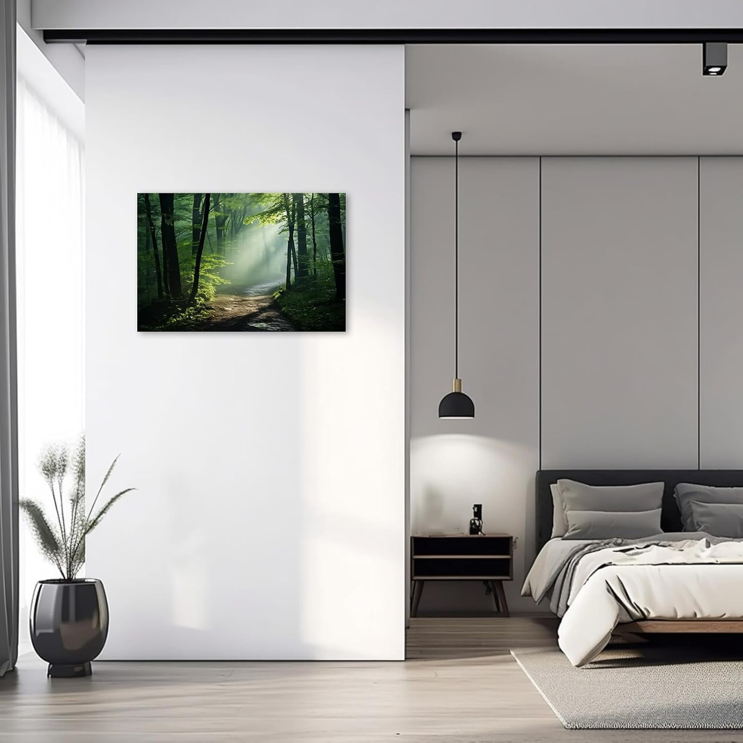 ZHONGYUTONG Green Forest Canvas Wall Art Sunshine Through Forest Road Picture Prints Morning Sunrise Paintings Nature Landscape Wall Decor Framed (24.00" x 36.00")