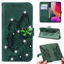 Glitter Retro Butterfly Embossed Case for iPhone 13 2021, Allytech Folio PU Leather with Soft TPU Bumper Shock Resistant Flip Stand Book Style Wallet Cover for iPhone 13 6.1", Green