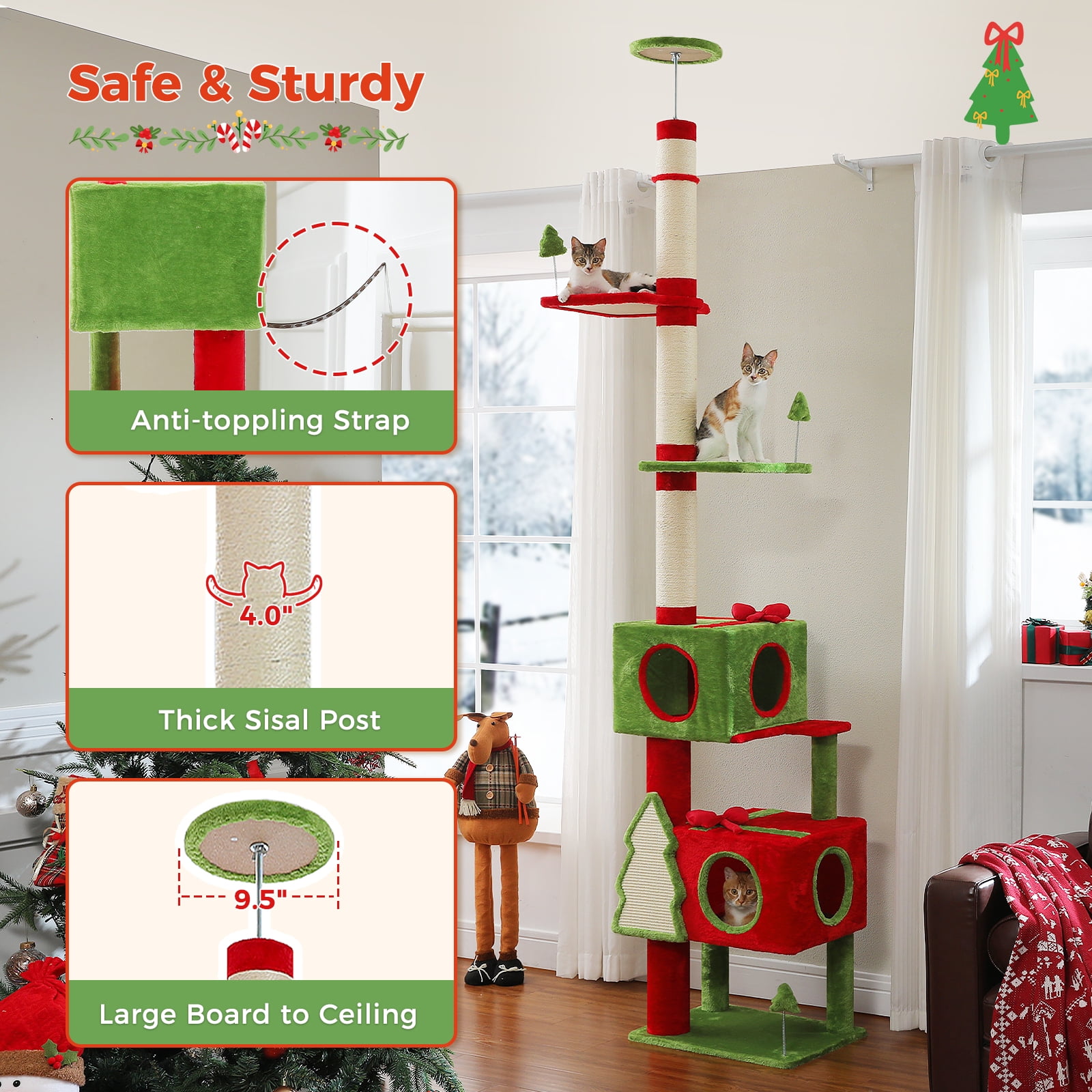 Pefilos Christmas Tall Cat Tree for Large Indoor Cats, 90''-107'' Floor to Ceiling Cat Tower with 2 Condos, Sisal-Covered Scratching Post & Pad and Bow Toy, Red