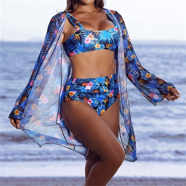 Trajes de baño para mujer, Trajes de baño para mujer, Traje de baño de tres piezas con tirantes de bikini estampados para mujer, Traje de baño de nailon para mujer