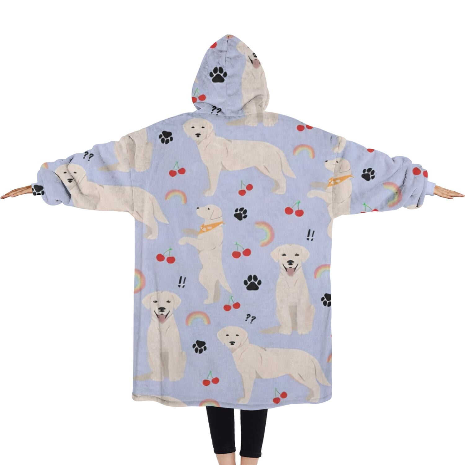 Oversized Wearable Blanket Hoodie,Golden Retriever Dog with Cherry and Rainbow Sherpa Blanket Hoodie with Super Pockets,Super Warm Fuzzy Pullover for Women & Men