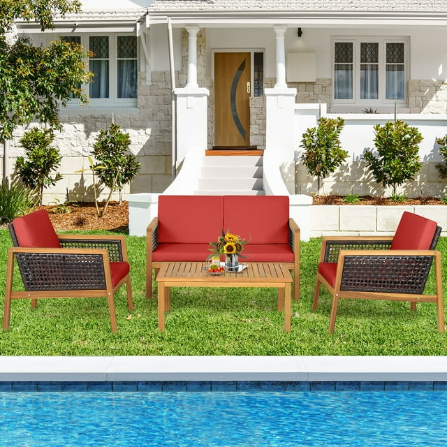 Gymax 4PCS Patio Acacia Wood Furniture Set PE Rattan Conversation Set w/ Red Cushions
