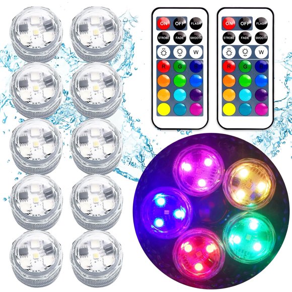 Mini luces LED sumergibles, 10 unidades con control remoto, cambio de color RGB, impermeables IP68, para jarrón, fiesta, boda, mesa, centro de mesa, fuente de Halloween