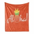 thumbnail image 1 of Aloha Soft Flannel Fleece Throw Blanket, Aloha Calligraphy with a Pineapple Fruity Hawaiian Theme, Cozy Plush for Indoor and Outdoor Use, 60" x 80", Burnt Sienna Lime Green, by Ambesonne, 1 of 6