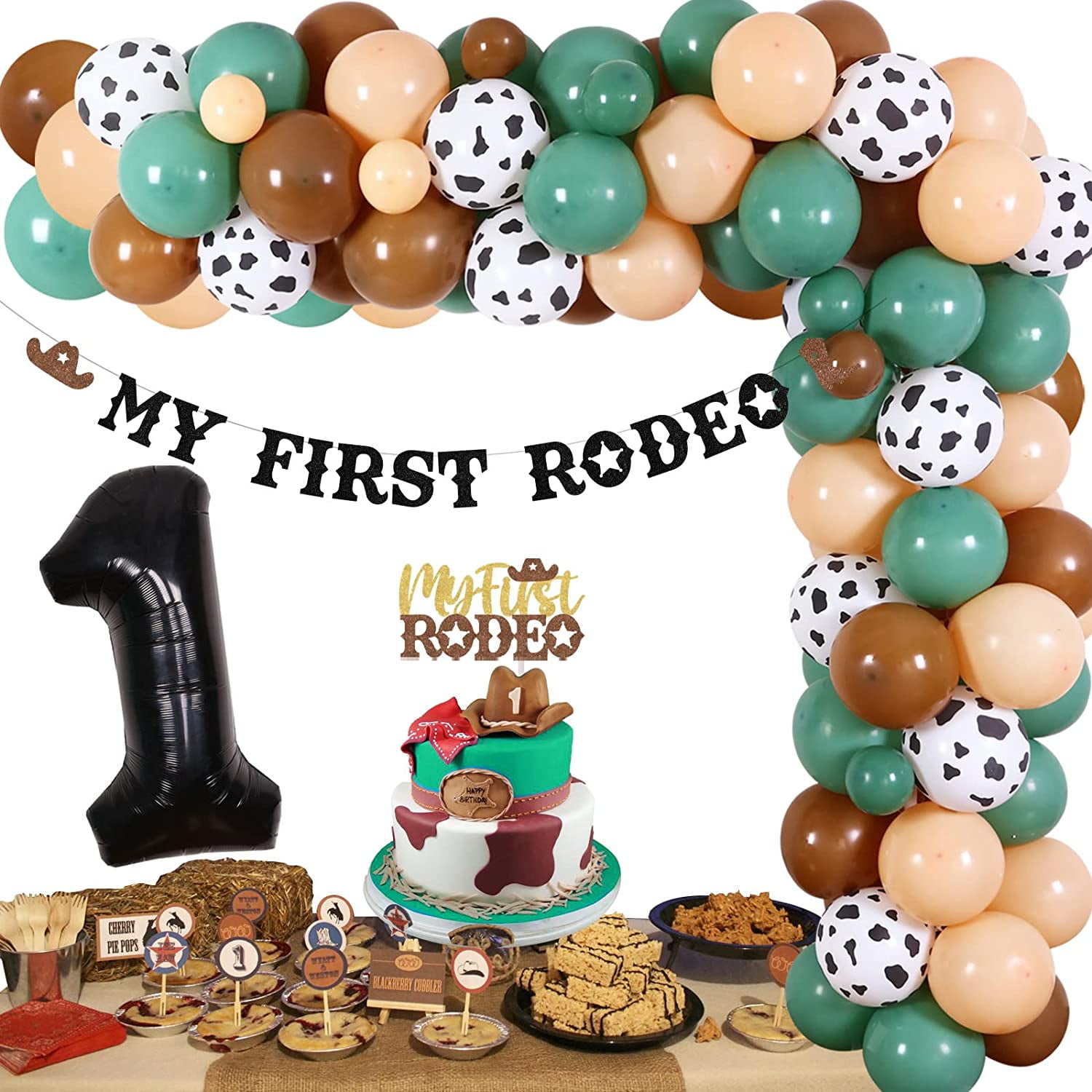 Cowboys First Rodeo Birthday Party, Cowboy 1st Birthday Decorations Balloon Garland Arch Kit with Number 1 Foil Balloon, My First Rodeo Banner Cake Topper for Cowboy Themed Party 1st Birthday