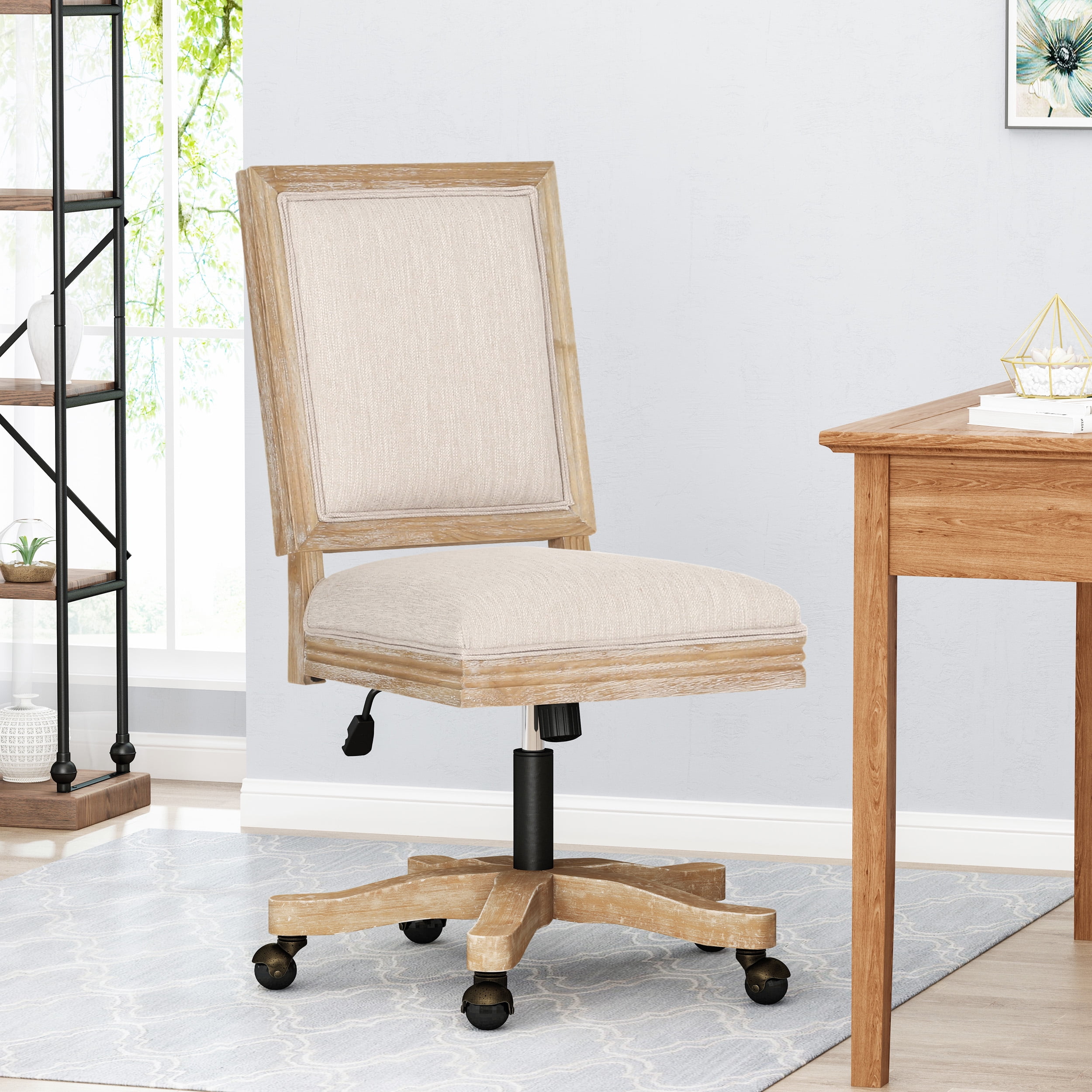 Swivel&Lift Office Chair,Beige+Natural Fabric Furniture Primary Living Space Display Shelving Etageres