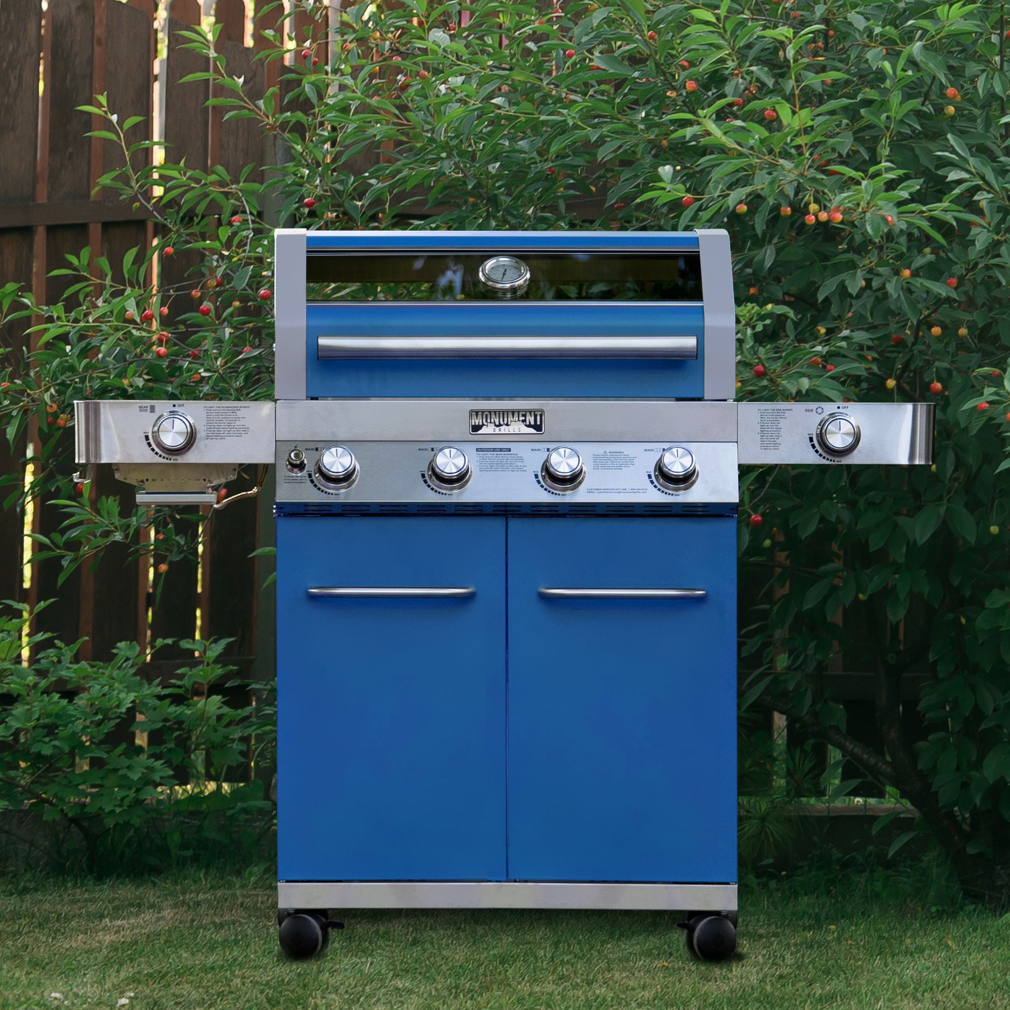 Monument Grills Stainless Steel 4 Burner Propane Gas Grill with Clearview® Lid, Infrared Side Sear Burner & Side Burner