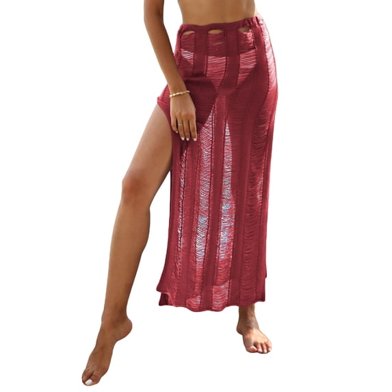 Seyurigaoka Women Knit Crochet Split Long Skirt See Through Hollow Out Bikini Cover-Ups Ripped High Waist Wrap Sarong Skirts Beachwear
