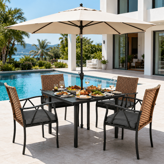 5-Piece Patio Dining Set for 4, Outdoor Table and Wicker Chairs Set with Square Steel Tabletop, Umbrella Hole & Cushions, PE Rattan Patio Furniture for Backyard Deck Balcony Porch, Brown/Grey