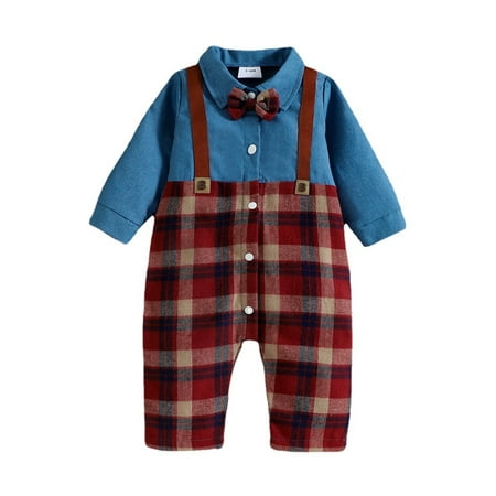 

Newborn Baby Boys Gentleman Romper Clothes Long Sleeve Plaid Jumpsuit Outfit