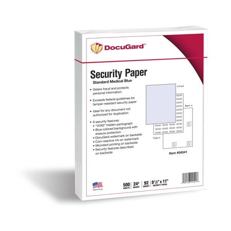 DocuGard Standard Medical Security Paper for Printing Prescriptions and Preventing Fraud, CMS Approved, 6 Security Features, Laser and Inkjet Safe, Blue, 8.5 x 11, 24 lb., 500 Sheets