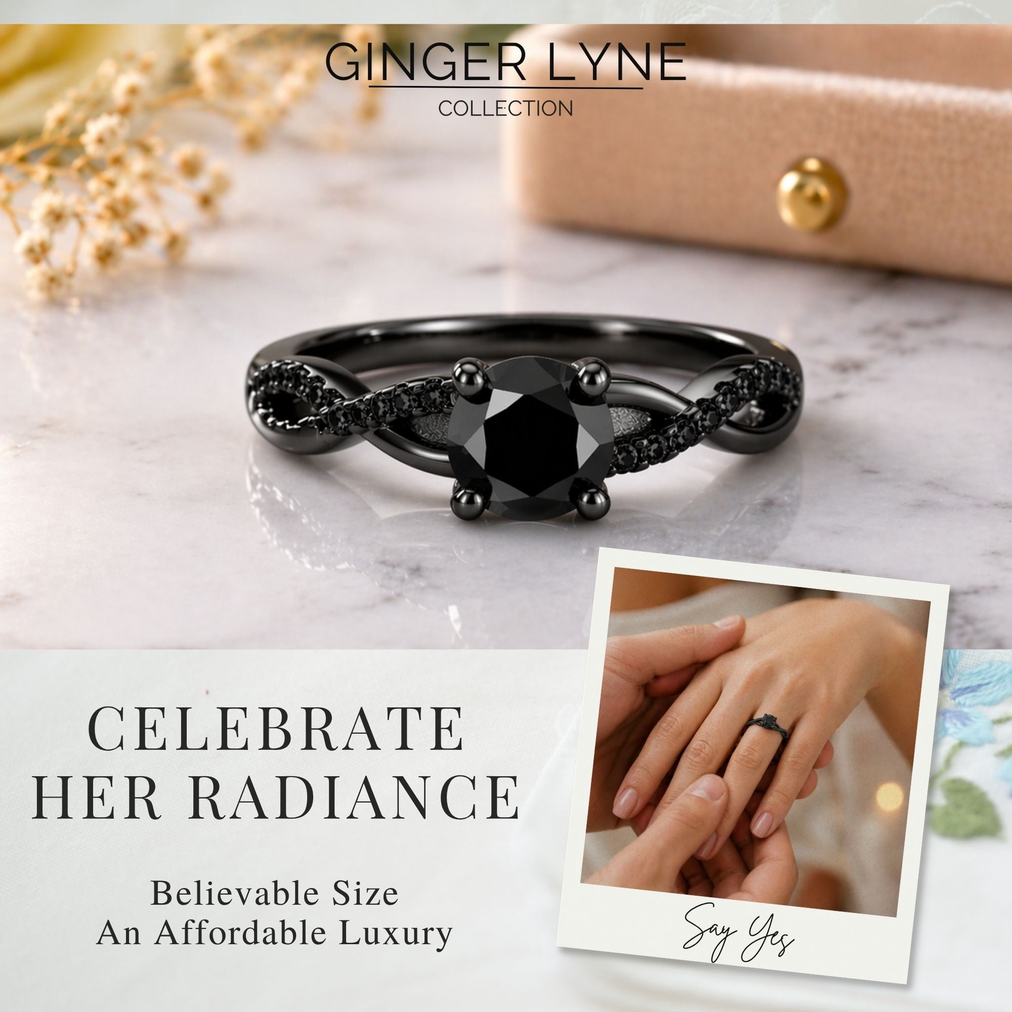 Queena Solitiare Black Engagement Ring for Women Sterling Silver CZ Ginger Lyne Collection