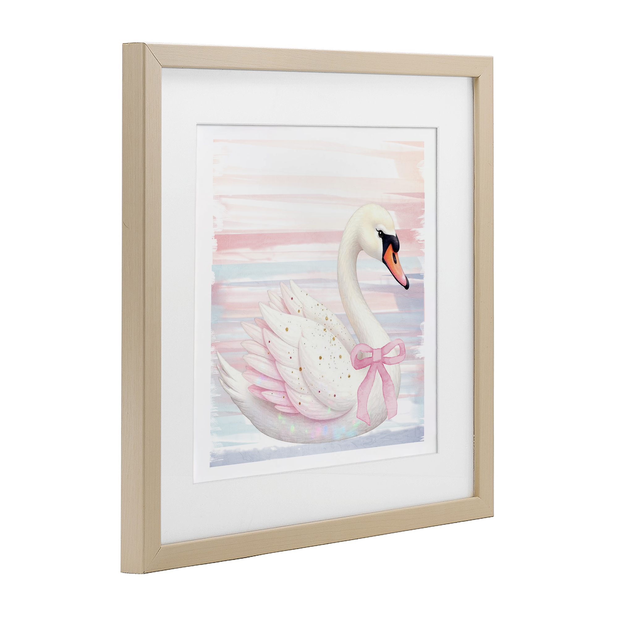 Pink Swan with Ribbon Birch Framed Print Under Glass, design by Kim Allen