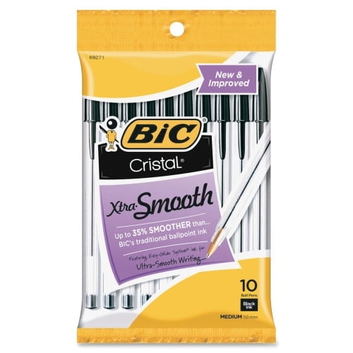 BIC Classic Cristal Ballpoint Pens Medium Pen Point - Black - Clear Barrel - Metal Tip - 10 / Pack