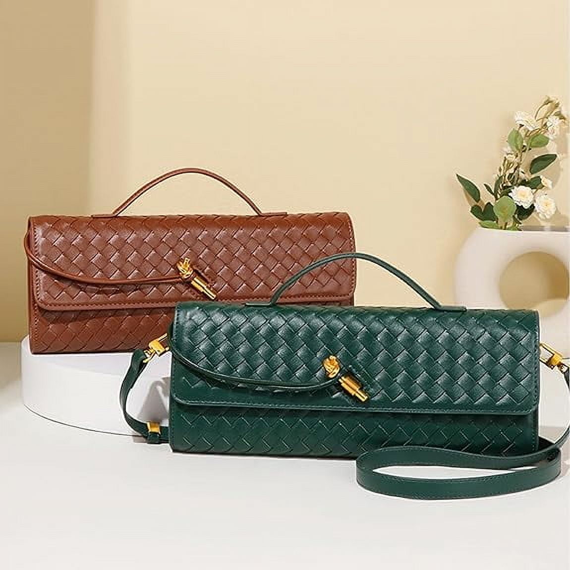 Women's Handmade Woven Evening Bag Casual Leather Shoulder Handbag Casual Crossbody Bags with Detachable Chain