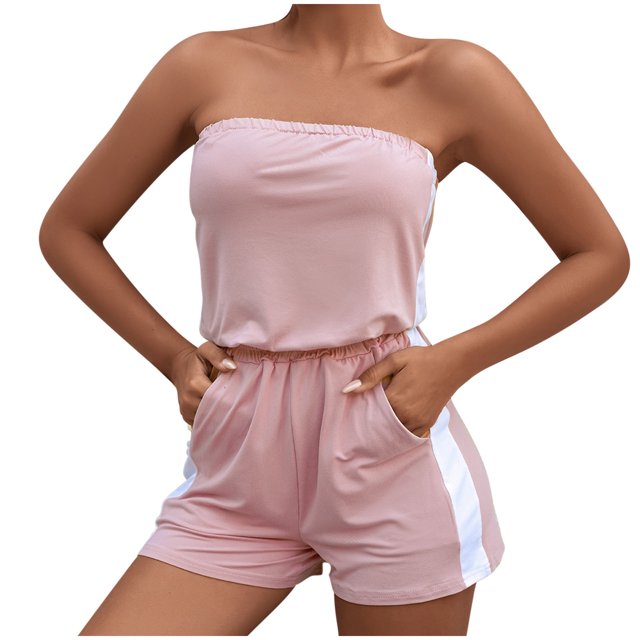 Off Shoulder Jumpsuits for Women Summer Casual Strapless Rompers Sporty Workout Bodysuit Shorts with Pockets