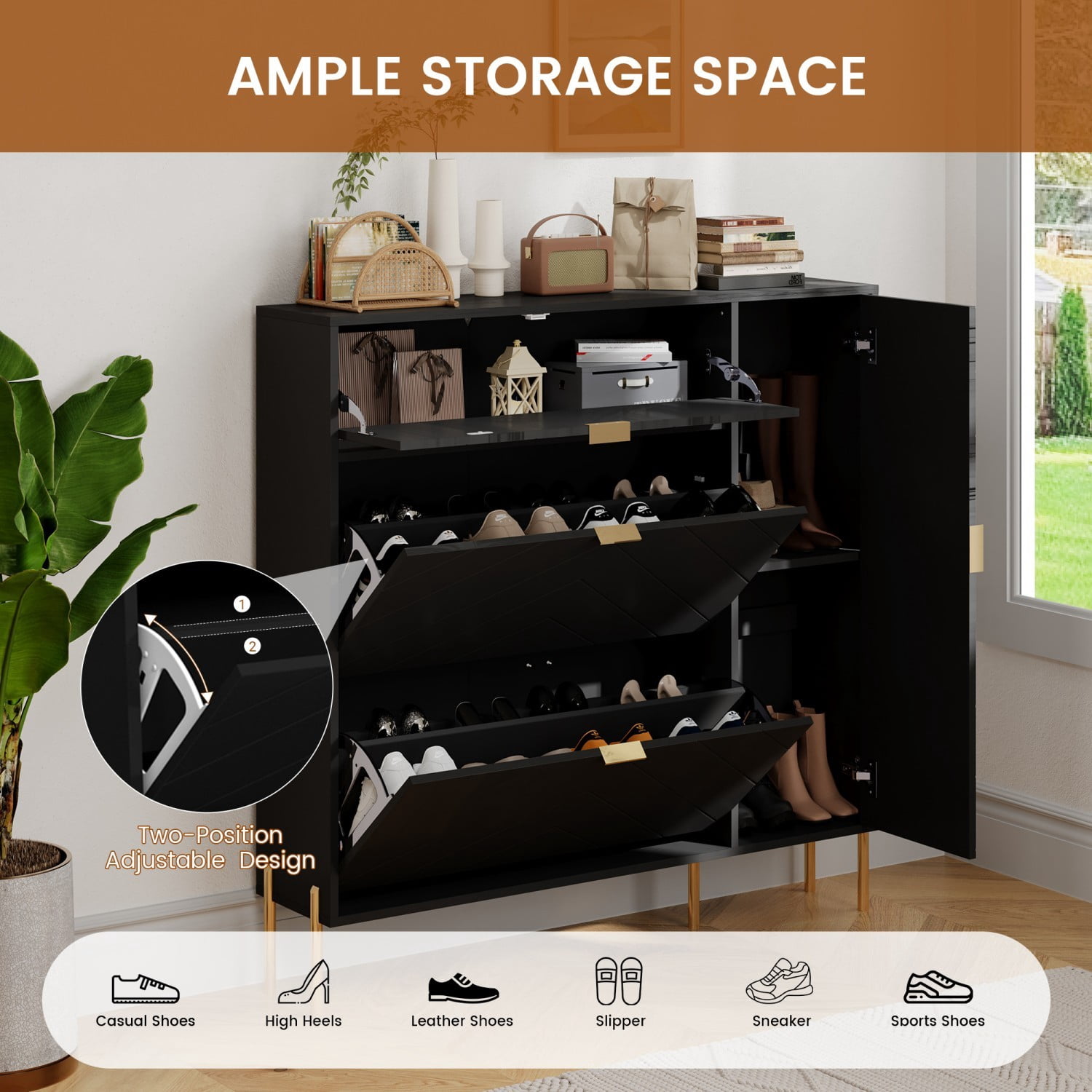 MDF Shoe Storage Cabinet with Flip Drawers & Adjustable Shelves, Modern Entryway Shoe Organizer Cabinet, Black
