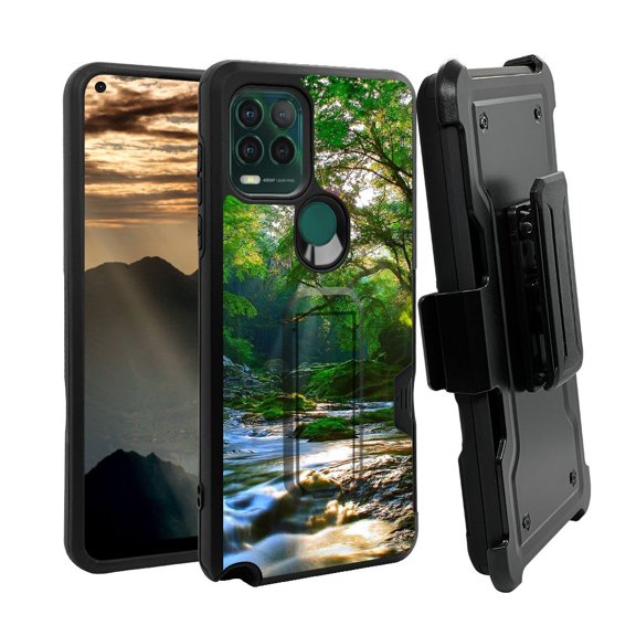 ANJ  Rugged Shockproof Holster Case w/Card Slot, Kickstand   Tempered Glass for Motorola Moto G Stylus 5G - Forest Stream