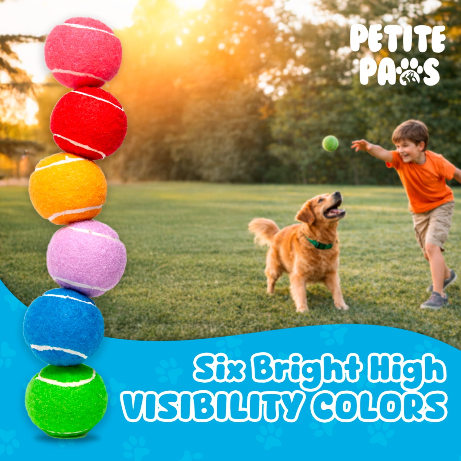 Petite Paws Colorful Squeaky Tennis Balls for Large Dogs and Puppies — 2.5-Inch, 12-Pack — High-Bounce Fetch Toy