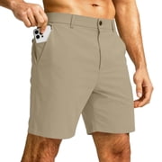 LTTVQM Golf Shorts Men 7 Flat Front Casual Work Dress Shorts Quick Dry Stretch Breathable Lightweight with 3 Pockets for Work Khaki L