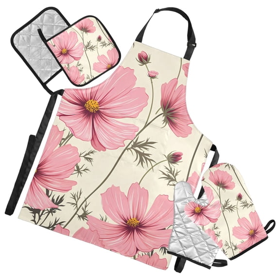 Blooming Flowers 5 Pcs Kitchen Set Heat Resistant Oven Mitts and Non-Slip Pot Holders with Adjustable Cooking Apron