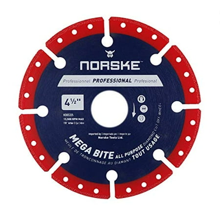 

Norske Tools NDBS335 4.5 inch Mega Bite Diamond Vacuum Brazed Cutoff Wheel 7/8 inch Bore for Cutting in Wood Tubular Metals non-Ferrous Metals Masonry Products Tiles and PVC