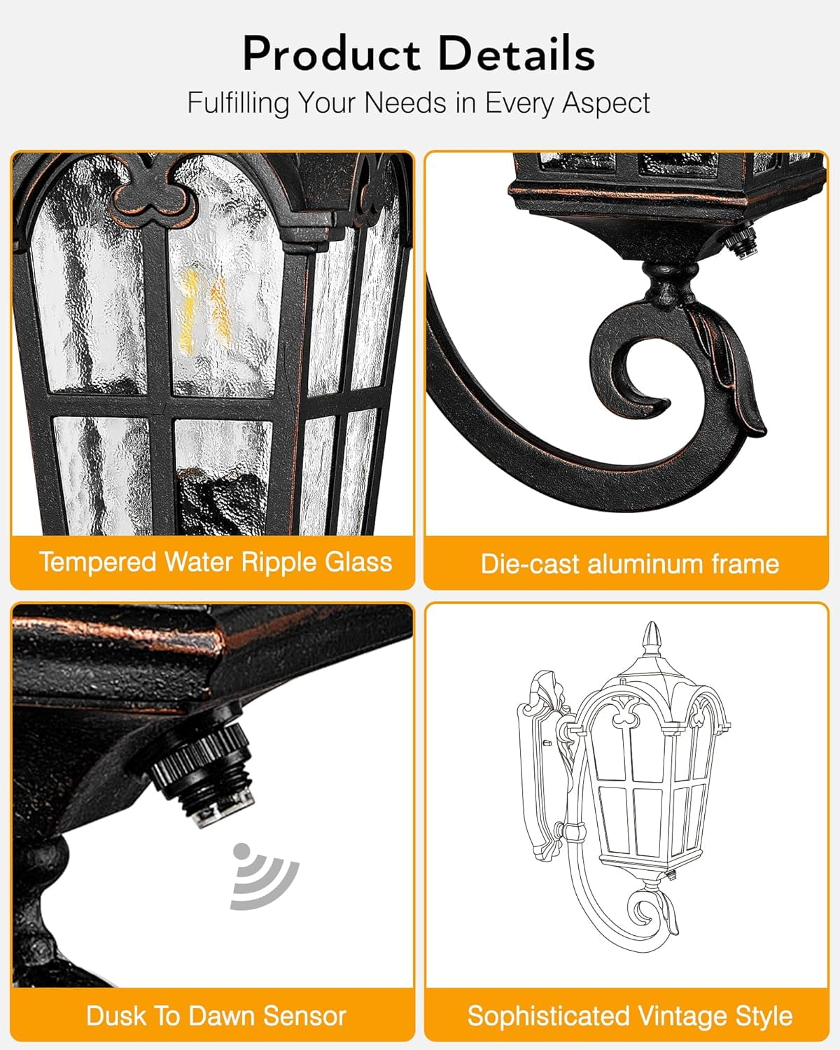 VIANIS Outdoor Wall Light, Oil Rubbed Bronze Porch Lights Outdoor, Dusk to Dawn Outside Lantern Fixtures Wall Mount, 100% Aluminum Exterior Lighting Fixtures for House, Garden, Patio, Entryway