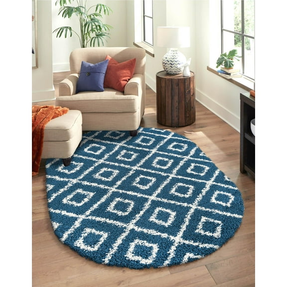 Unique Loom Trellis Shag Collection Area Rug - Ruth (5' 3" x 8' Oval Navy Blue/Ivory)