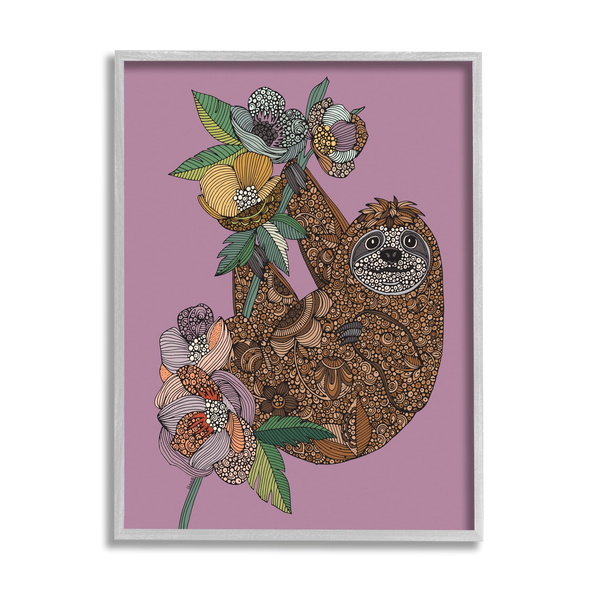 Stupell Industries Sloth Hanging Flower Blossoms Intricate Fractals Pattern Graphic Art Gray Framed Art Print Wall Art, Design by Valentina Harper