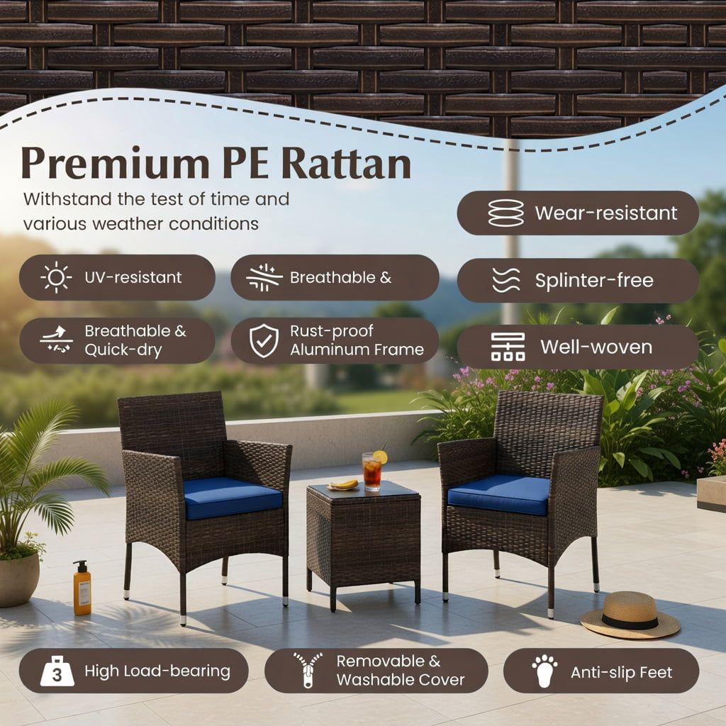 Hommoo 3-Piece Outdoor Patio Conversation Set, Cushioned Wicker Chairs + Square Tempered Glass Coffee Table, PE Rattan & Steel Frame, Navy