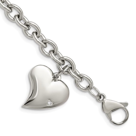 Auriga Fine Jewelry Stainless Steel Polished Link with CZ Heart Dangle Charm 7.5 inch Bracelet Valentine's Day Gift for Women