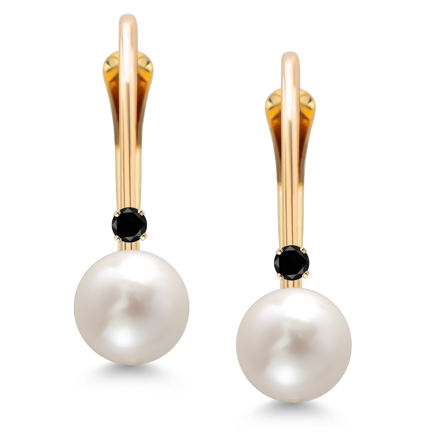 Gem Stone King 14K Yellow Gold Round White Cultured Freshwater Pearl and Round Black Diamond Leverback Drop Dangle Earrings for Women (Pearl: 5.5MM, Diamond: 1.5MM)