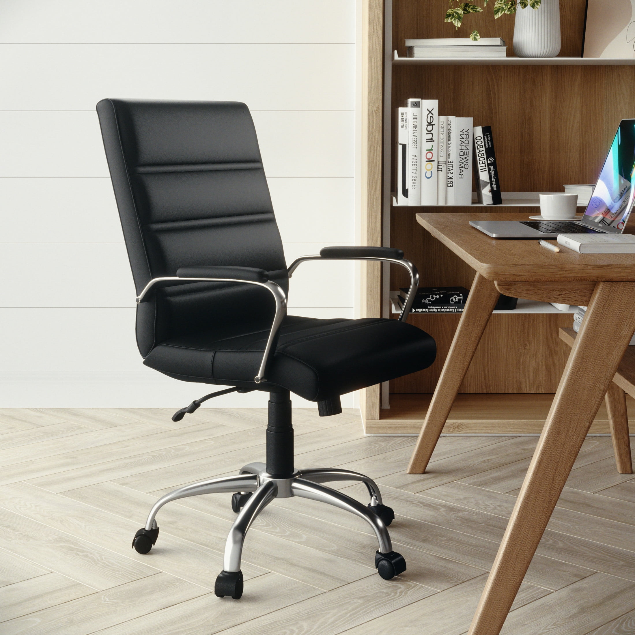 Flash Furniture Whitney Mid-Back Swivel LeatherSoft Desk Chair with Armrests, Black/Chrome