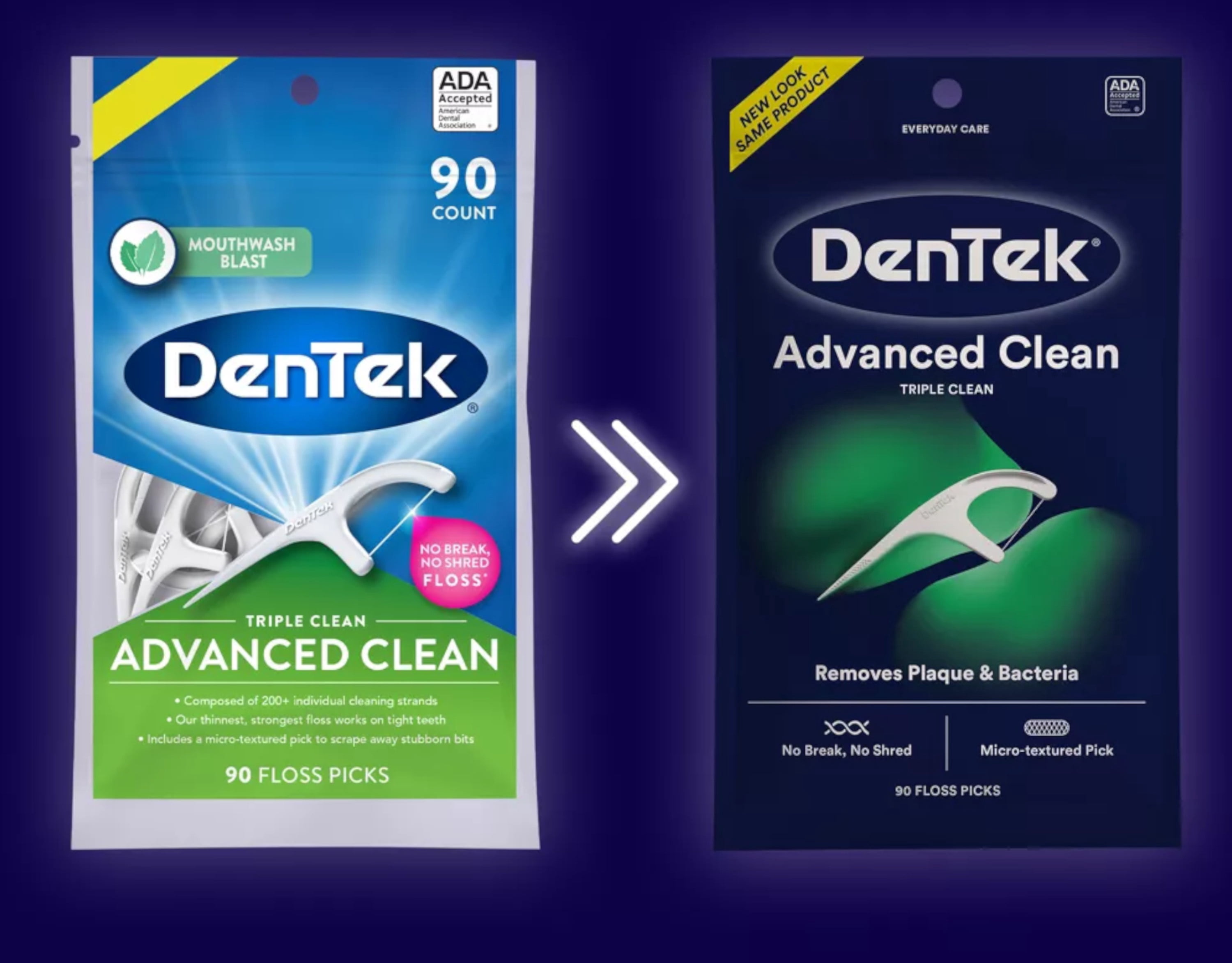 DenTek Advanced Clean Triple Clean Floss Picks, Removes Plaque and Bacteria, Micro-Textured Pick, 90 Count (Pack of 6)