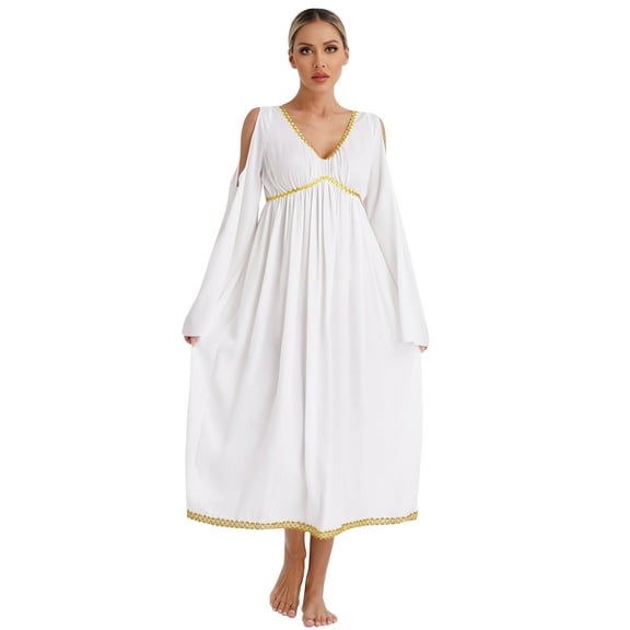 iiniim Women's Halloween Greek Toga Christmas Dance Angel Dress Cold Shoulder White Maxi Gown Ivory XL