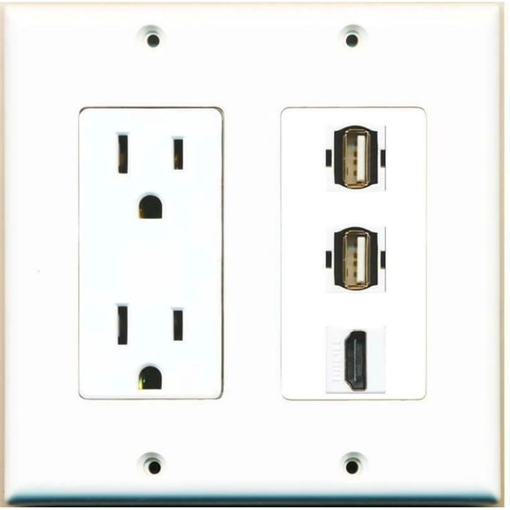 Ultra Spec Cables 15 Amp Power Outlet 2 Port USB 2.0 A-A Female 1 HDMI Jack Wall Plate