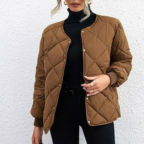 XPMWRP Women's Quilted Puffer Thickened Jacket Casual Long Sleeve Button Coats Solid Color Winter Warm Loose Outerwear Brown M