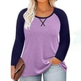 thumbnail image 4 of Womens Tops Plus Size Long Sleeved Color Blocking Round Neck Casual Solid Color Pullover Loose Raglan Top 2-Purple M, 4 of 6