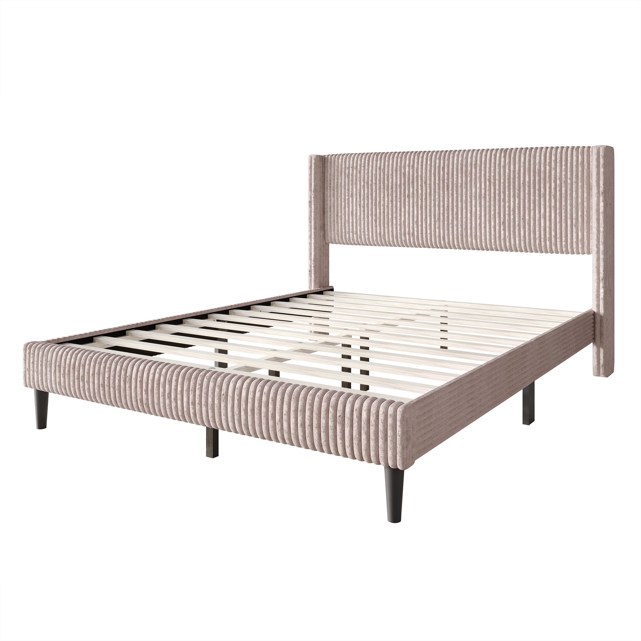 Castle Place Modern Wingback Corduroy Velvet Upholstered Twin Platform Bed, Light Pink