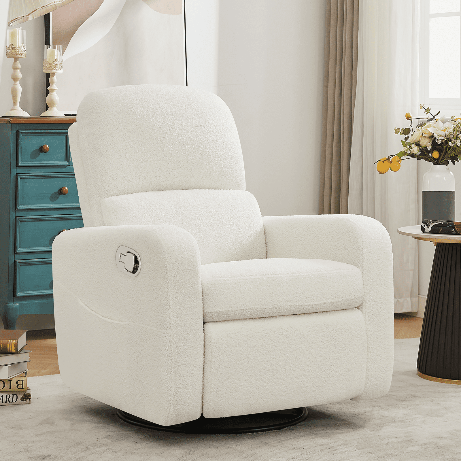Aemeios Swivel Manual Recliner Chair Teddy Fabric Nursery Glider Rocker Recliner, White