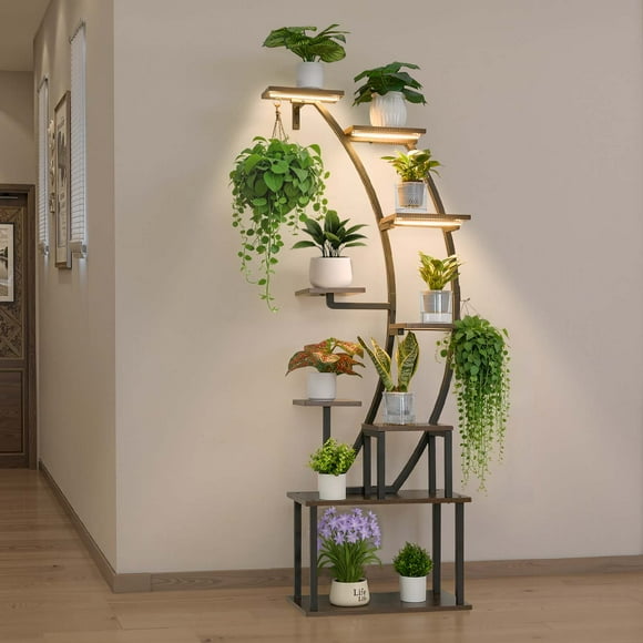 VEVOR Plant Stand Indoor with Grow Lights, 63 in Tall 9-Tier Lighted Plant Shelf, Metal Corner Plants Holder, 3 Timer & 10 Brightness, Curve-Shaped Flower Display Rack