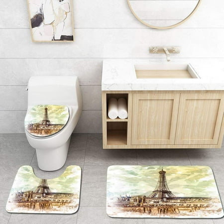 Erehome Eiffel Tower Pastel Watercolor Style Vintage Eiffel Tower Skyline Parisian Theme 3 Piece Bathroom Rugs Set Bath Rug Contour Mat And Toilet Lid Cover Walmart Canada