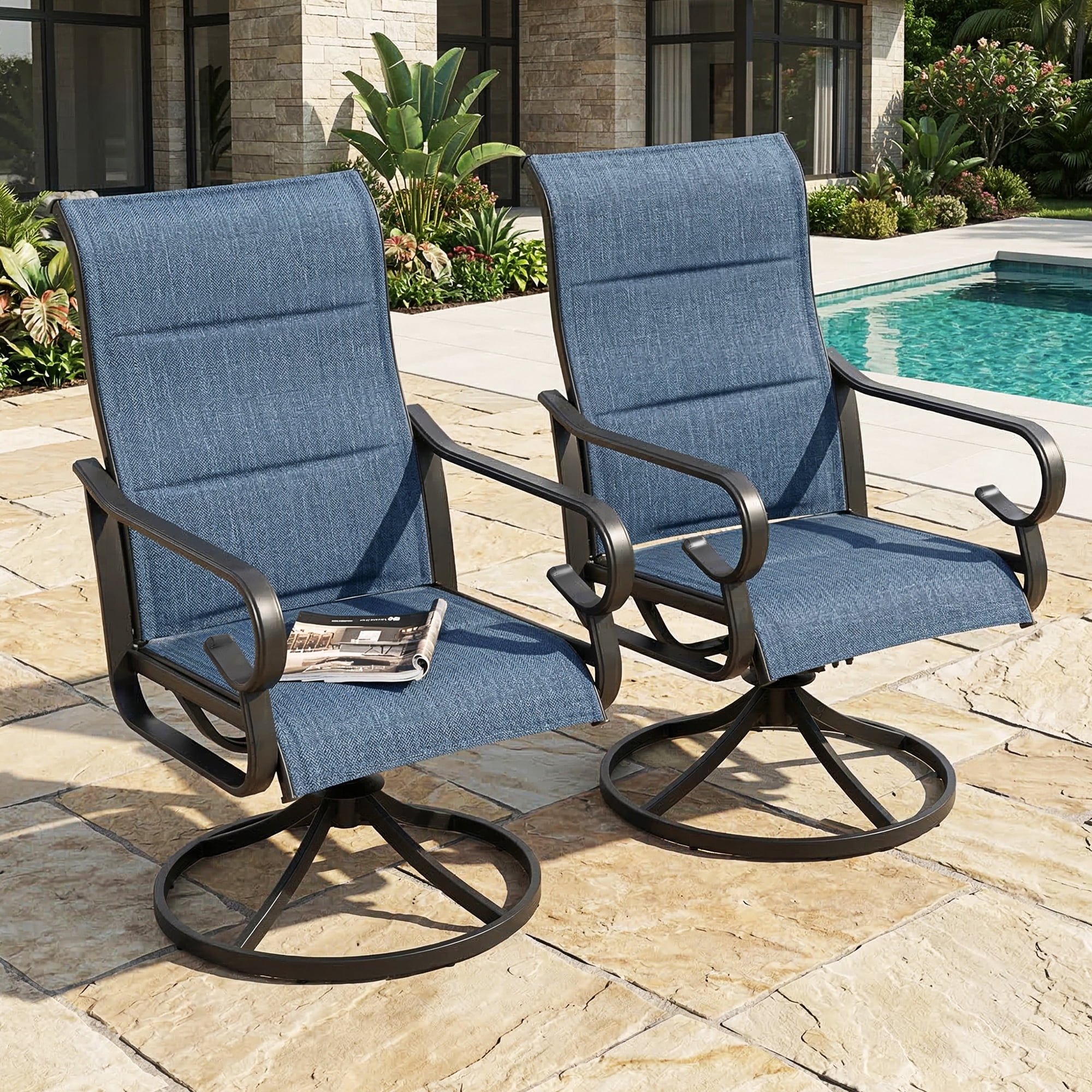 Nuu Garden Patio Swivel Dining Chairs Set of 2, High Back with Padded All-Weather Breathable Textilene, Powder-Coated Swivel Rocker Chairs for Lawn, Porch or Garden, Blue