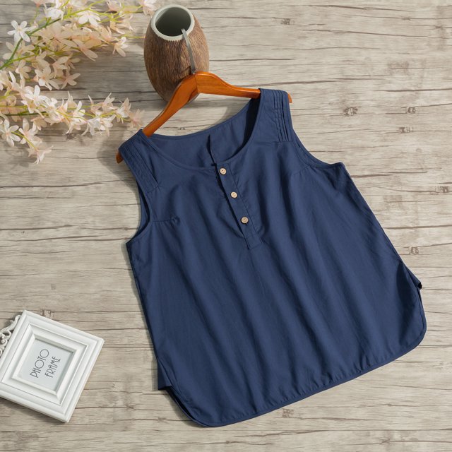 Mujeres Algodón Lino Chaleco Botones Tapeta Dobladillo dividido O-cuello Blusa sin mangas Sólido Romacci Chaleco de lino de algodón