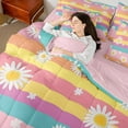 thumbnail image 3 of Manfei Cute Daisy Flower 7 Pieces Bedding Comforter Set,Colorful Geometric Striped Full Bedding Set,White Orange Pink Fitted Sheet Flat Sheet For Girls,Microfiber Bedroom Decor Reversible, 3 of 7