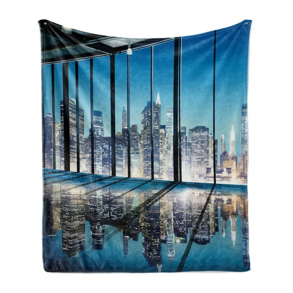 Modern Soft Flannel Fleece Throw Blanket, Office Cityscape Buildings with Glassy Interior Room Image Photograph, Cozy Plush for Indoor and Outdoor Use, 60" x 80", Blue Black and White, by Ambesonne