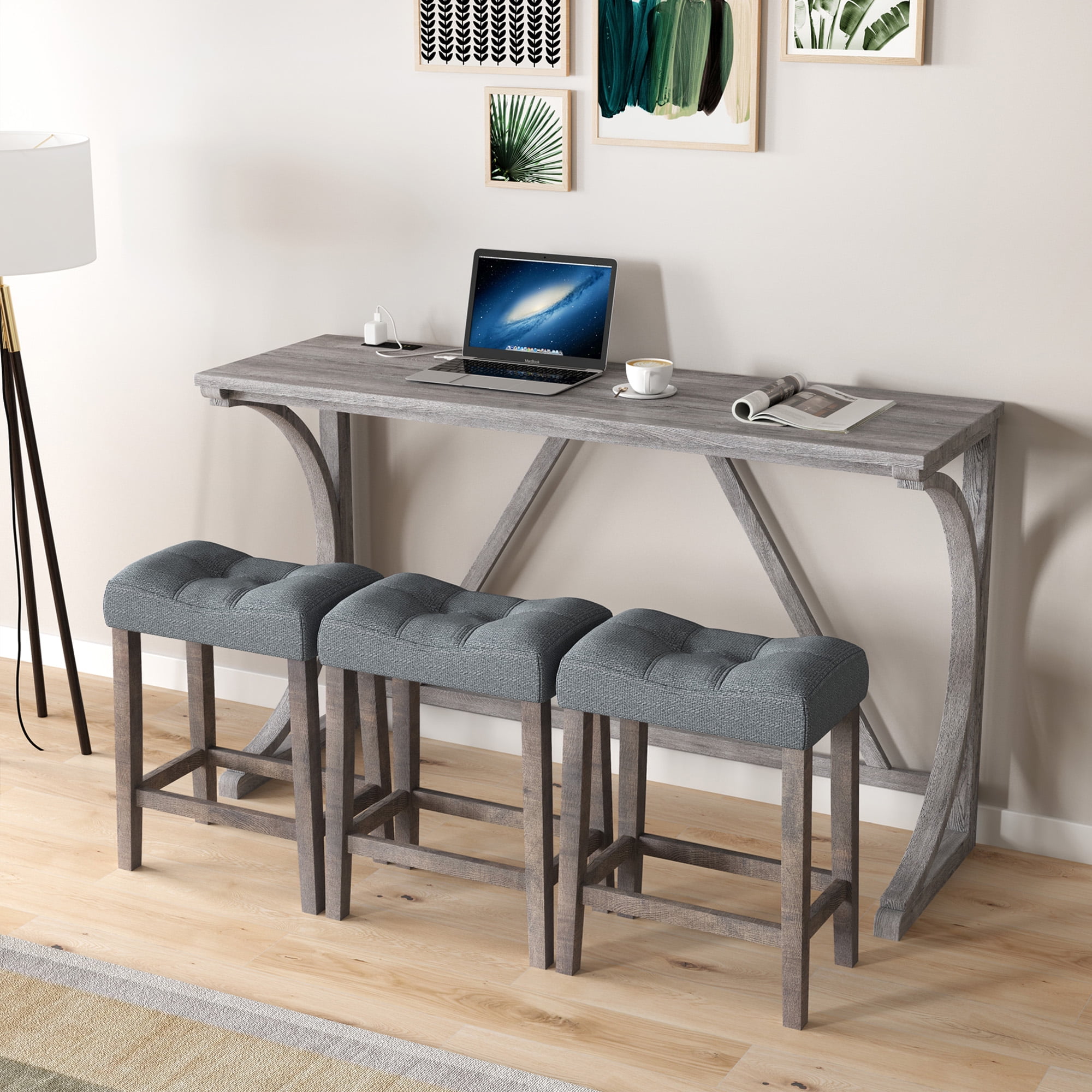 Yoneston Bar Table Stool Set with Power Outlet, 4 Piece Dining Table with Chairs Set, Industrial Breakfast Table Set for Living Room, Dining Room, Game Room, Gray