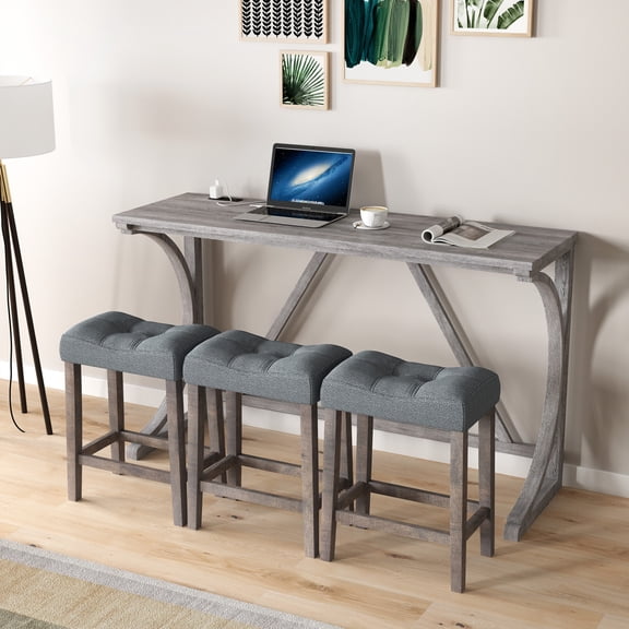4-Piece Bar Table and Chairs Set, Industrial Dining Table Set with Power Outlet, Breakfast Nook for Small Spaces, Kitchen Table with 3 Chairs for Dinning Room, Pub Table Set, Gray