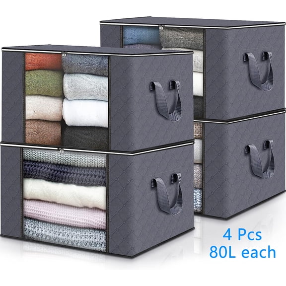 GRAREND Closet Organizers and Storage Bags for Clothes Storage, 80L Large Capacity Blanket Storage Bag- 4Pcs