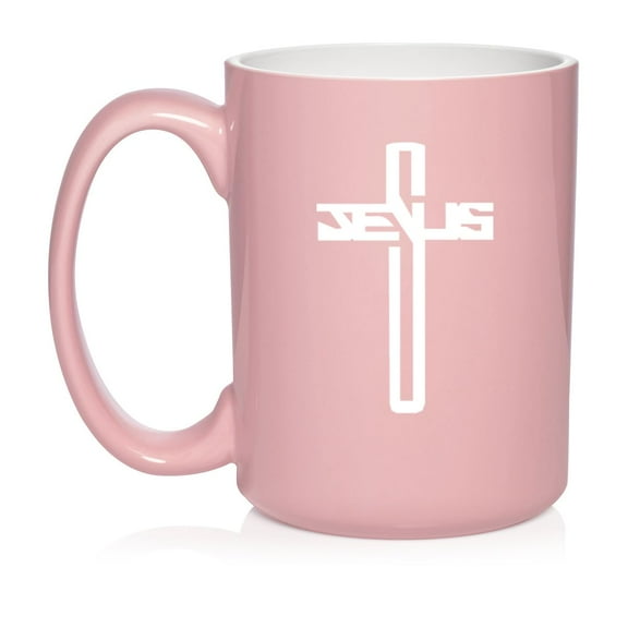 Jesus Cross Ceramic Coffee Mug Tea Cup Gift for Her, Him, Friend, Coworker, Wife, Husband (15oz Light Pink)